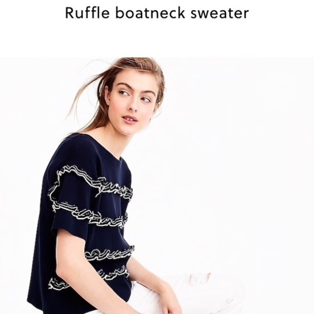 J. Crew Navy White Ruffle Boatneck sweater S M - Picture 3 of 8